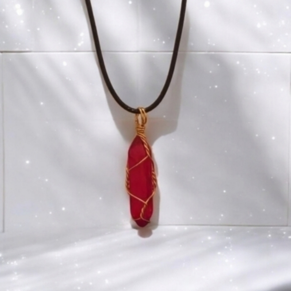Healing Crystal Point Wrapped in 14K Gold Necklace Carnelian Red Transparent